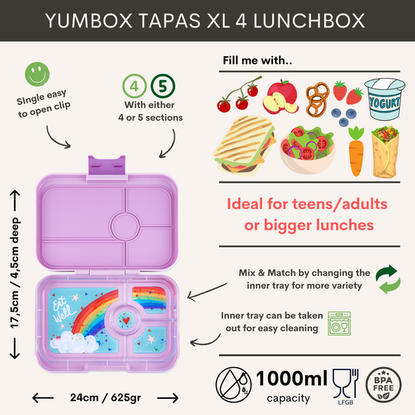 Yumbox Tapas 4 Compartment Seville Purple Lunchbox with Rainbow Tray