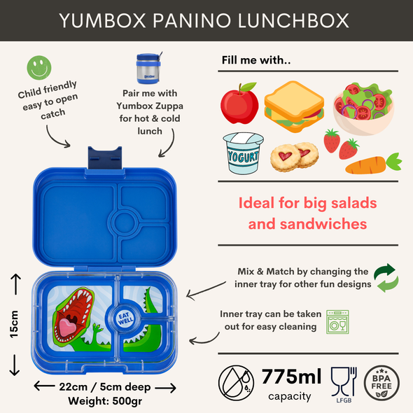 Yumbox Panino Surf Blue Lunchbox with Dinosaur Tray