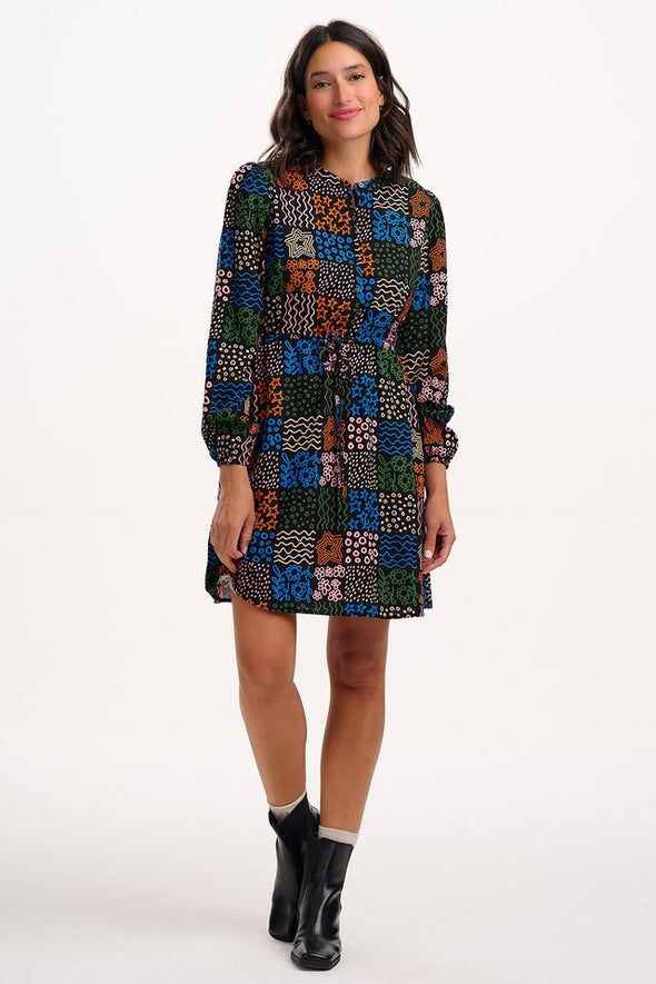 Sugarhill Brighton Flora Black/Multicolour Doodle Checkerboard Mini Shirt Dress