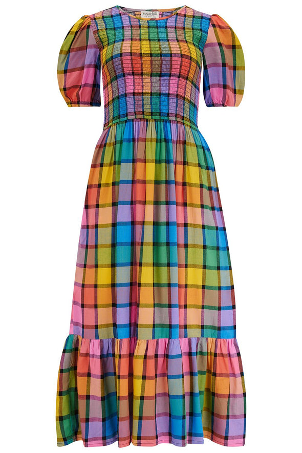 Sugarhill Brighton Rainbow Check Yolanda Shirred Midi Dress