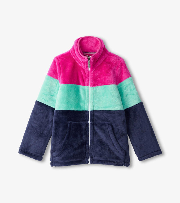 Hatley Colourblock Pink Stripes Fuzzy Fleece Zip Up