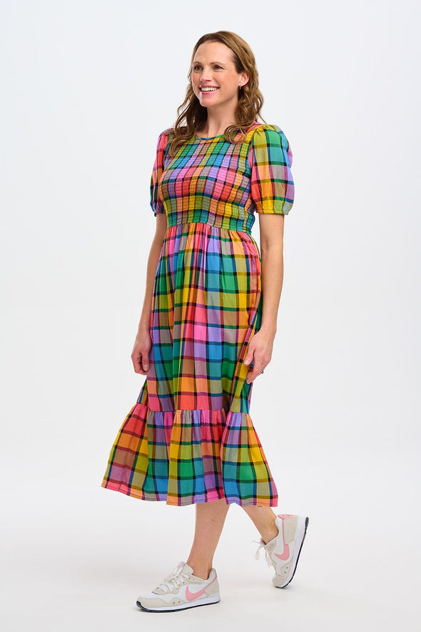 Sugarhill Brighton Rainbow Check Yolanda Shirred Midi Dress