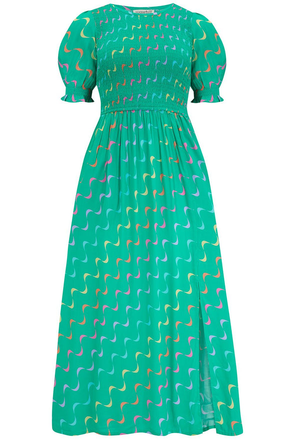 Sugarhill Brighton Rosita Green Undulating Waves Midi Shirred Dress