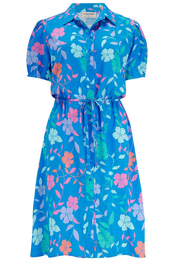 Sugarhill Brighton Salma Blue Rainbow Floral Vine Midi Shirt Dress