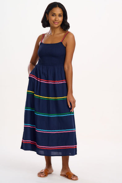 Sugarhill Brighton Navy Rainbow Ric Rac Penrose Shirred Sundress