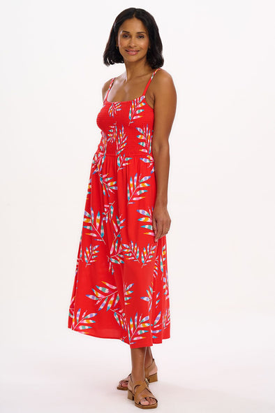 Sugarhill Brighton Red Rainbow Fronds Christabel Shirred Midi Dress