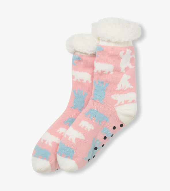 Little Blue House Pink Polar Bears Women's Sherpa Lined Cabin Socks