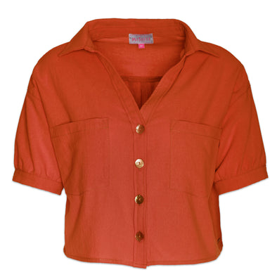 Moshiki Brick Red Organic Cotton Short Sleeved Cropped Shirt