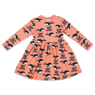 Malinami Whales on Coral Long Sleeved Dress