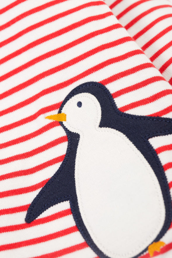 Frugi Blue Penguin Play Red Stripe Penguin Posie Peek A Boo Reversible Dress